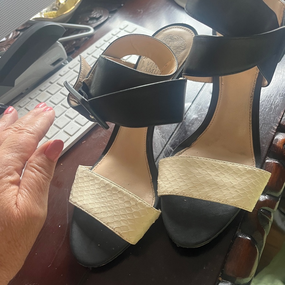 Vince Camuto Black and Cream Buckle Heels
